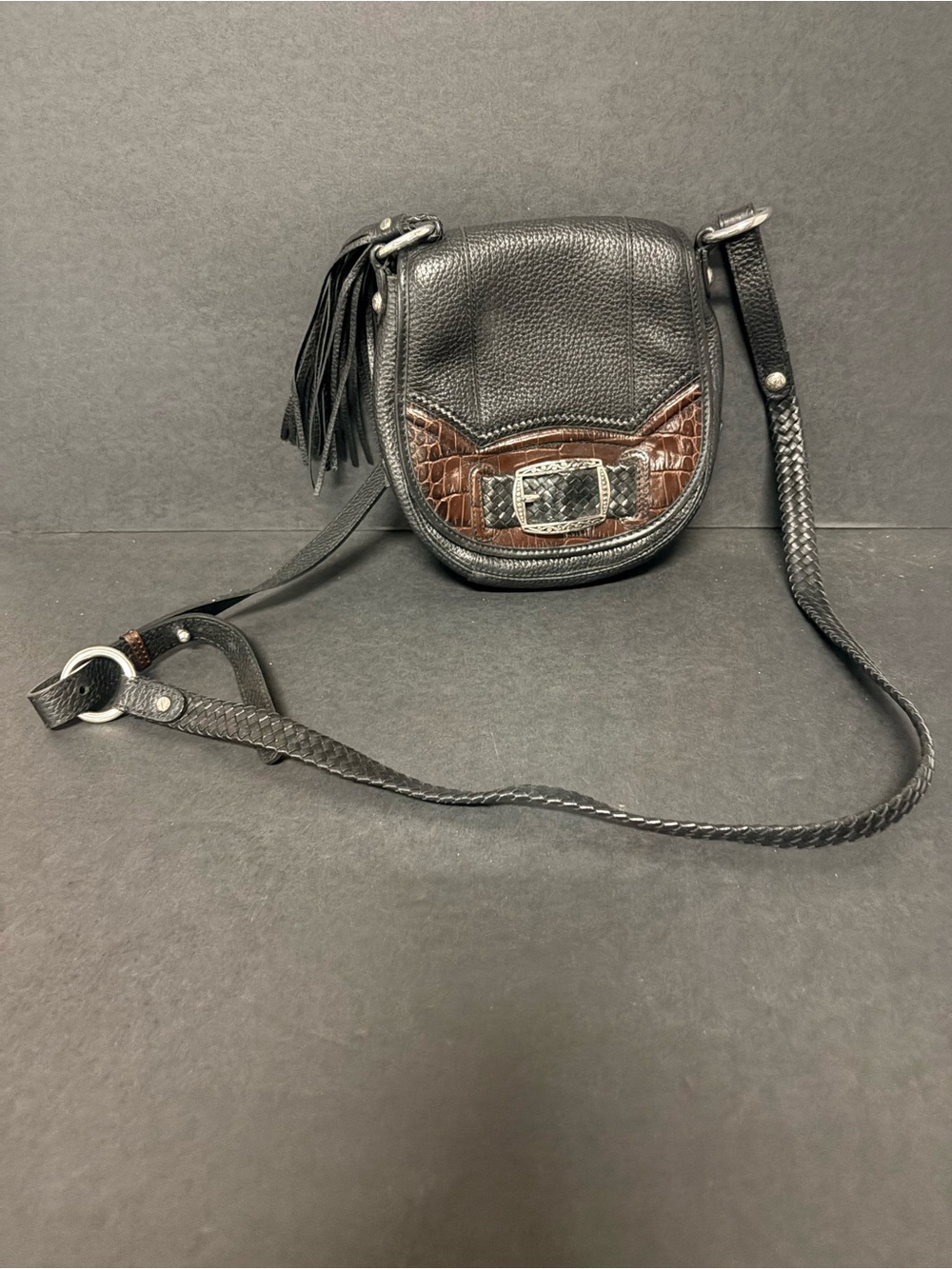 Brighton Black & Brown Leather Crossbody Bag with Buckle Detail